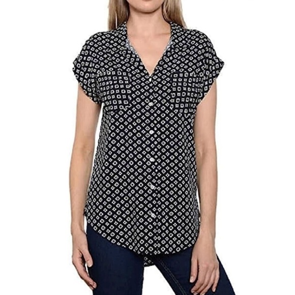 Jachs Girlfriend Diamond Aztec Print Button Down Polo, Large, Navy Blue/White - Picture 1 of 14